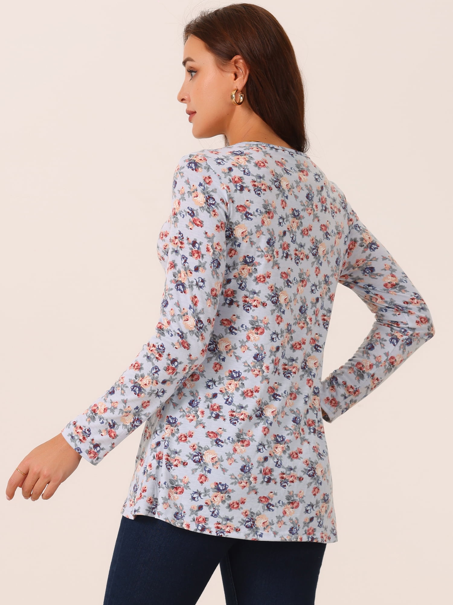 DARING DIVA Women's Long Sleeve Floral Tops Pullover Tunic Shirts L Grey Blue