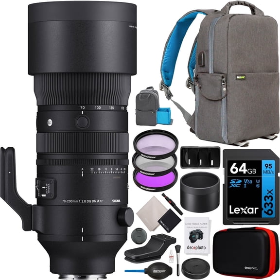 Sigma 70-200mm F2.8 DG DN OS Sports Lens for Sony E-Mount Mirrorless Cameras Telephoto Zoom 591965 Bundle with Deco Gear Photography Backpack   Filter Kit   64GB Card   Photo Video Accessories