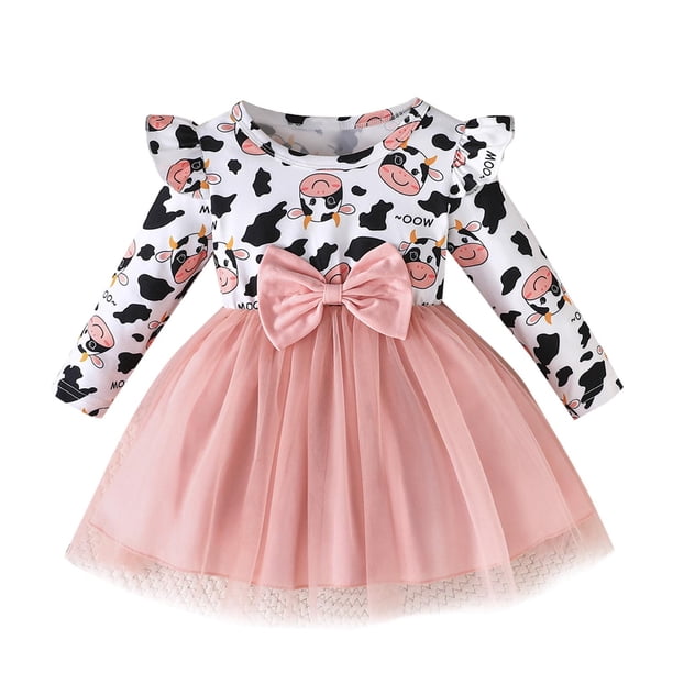 Odeerbi Niñas Vaca Imprimir Tul Vestido Ruffle Manga Larga Cuello Redondo Patchwork Malla Vestido
