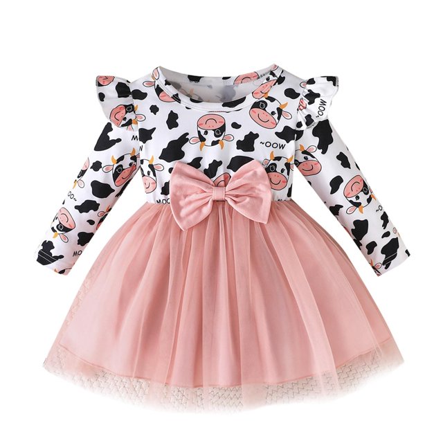 Odeerbi Niñas Vaca Imprimir Tul Vestido Ruffle Manga Larga Cuello Redondo Patchwork Malla Vestido