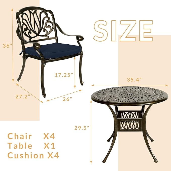 W WARMHOL 5-Piece Outdoor Patio Dining Set, All-Weather Cast Aluminum Patio Furniture Set for Backyard Garden Deck with 4 Chairs, 4 Cushions and 35.4" Round Table, 2" Umbrella Hole, Navy