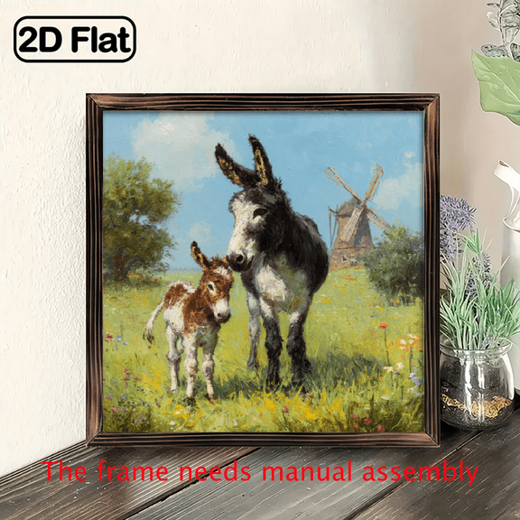 Farmhouse Donkey Foal Pastoral Framed Canvas Wall Art - 8x8 Inch Rustic Frame, Vintage Donkeys, Country Cottage Decor for, Room, or Farmhouse Pictures (Easy Hang), 2D Flat