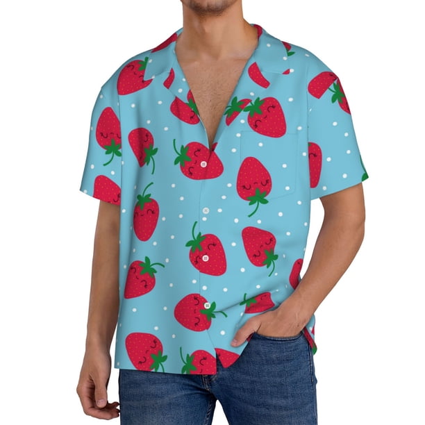 Balery Strawberries Camisa Casual de Manga Corta con Botones para Hombre, Texturizada, Estilo Cubano, para Playa, Verano-Medium
