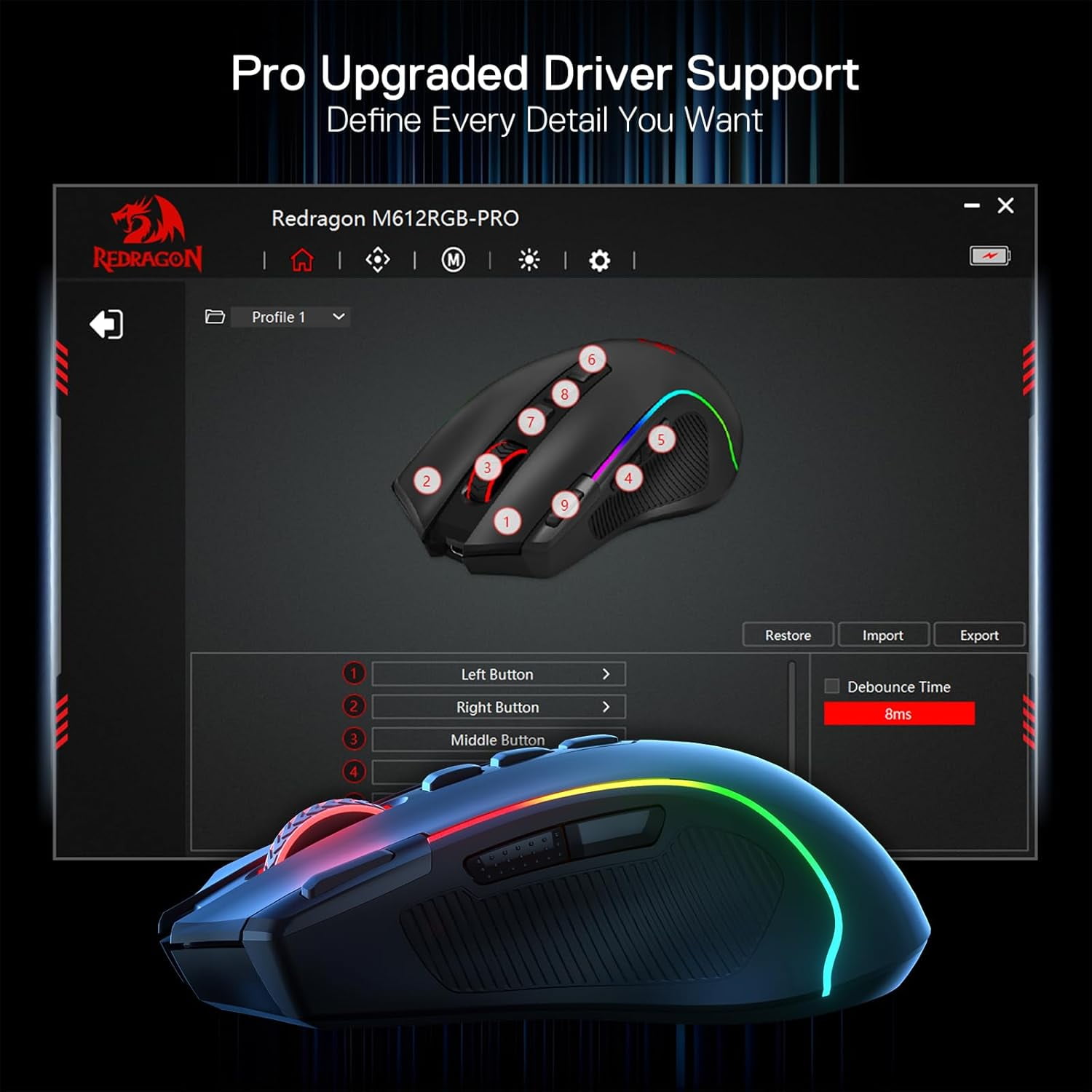 Redragon M612 PRO RGB Gaming Mouse, 8000 DPI BT Wired/Wireless Optical Gamer Mouse 9 Programmable Buttons & 7 Backlit Modes,Software Supports DIY Keybinds Rapid Fire Button,Black