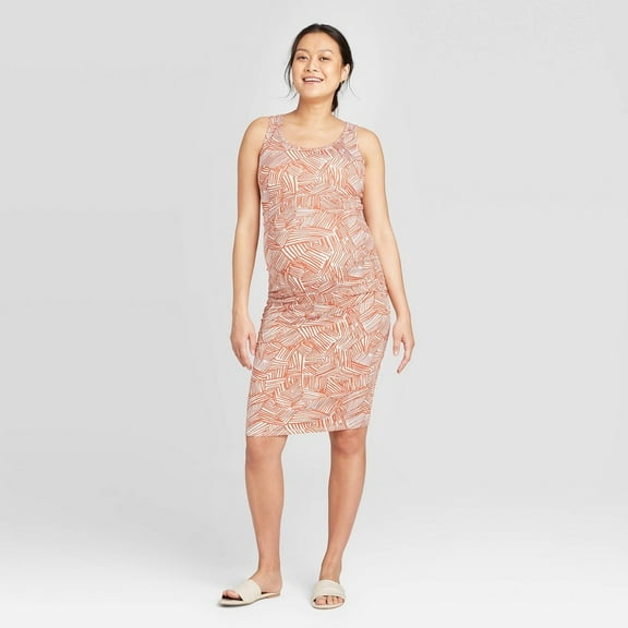 Isabel Maternity by Ingrid & Isabel Women's Printed Sleeveless T-Shirt Maternity Dress - Rust Crosshatch Pattern - (Large)
