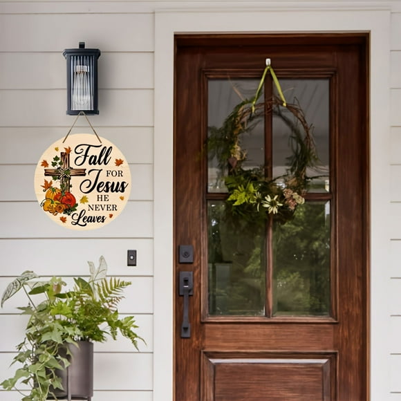 WIZUTIZ Religious Pumpkin He Never Leaves Fall Decor Sign Gifts Farmstead Door Sign For Front Door Wall Outdoor Home Decorations 5.91 Inch X 5.91inch Home Needs Crafted with Care