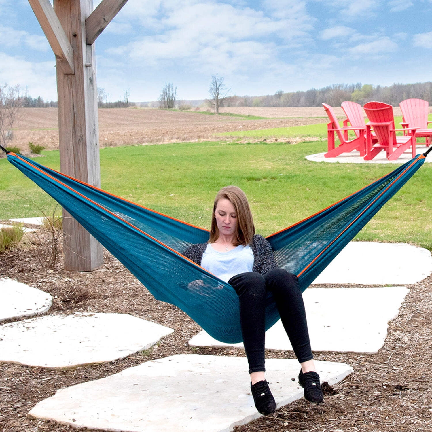 Vivere Polyester Mesh Double Hammock - Blue/Orange