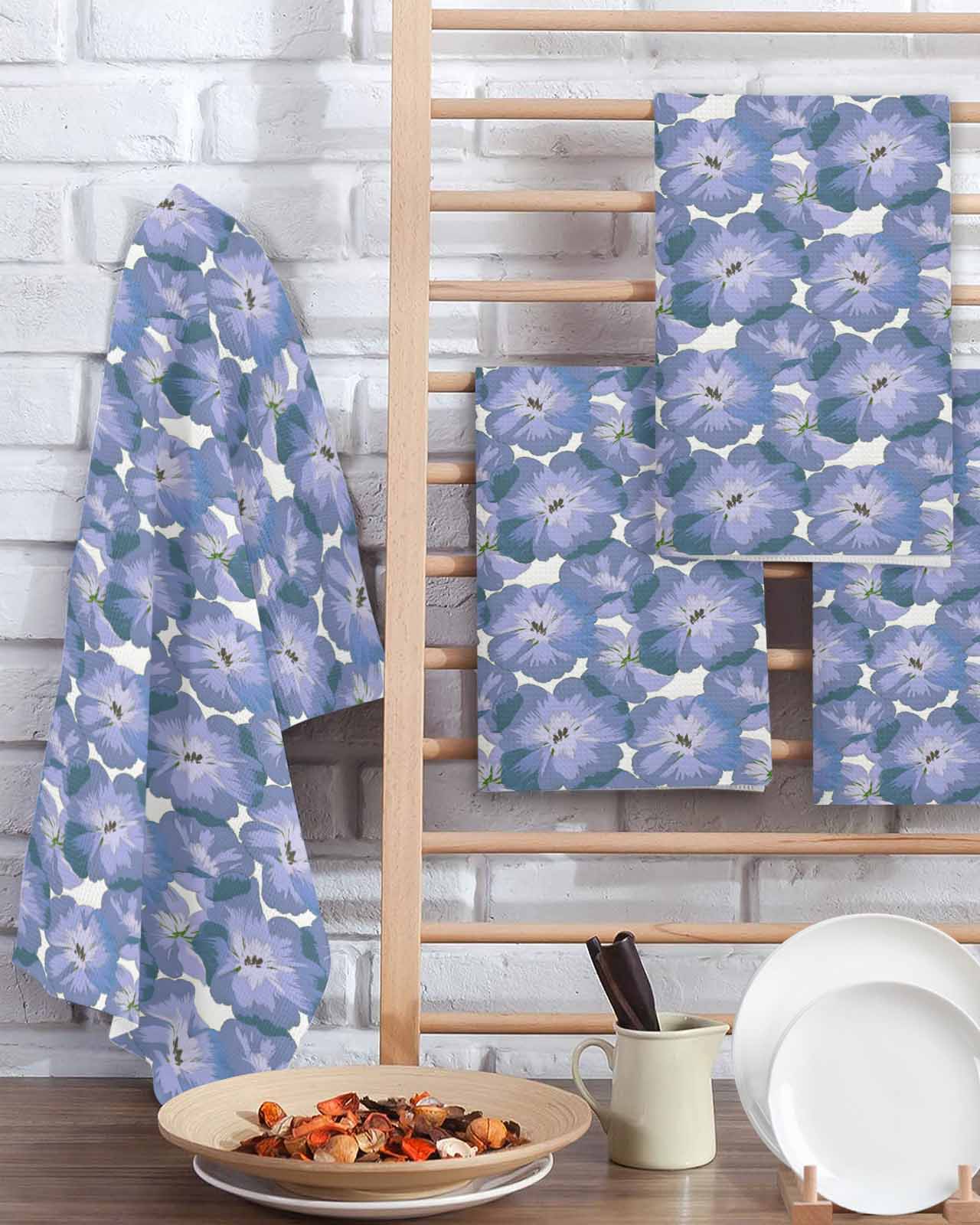 Purple Flower Kitchen Dish Towels for Drying Dishes Set of 3, Spring Floral Country Pastoral Garden Waffle Weave Microfiber Terry Hand Tea Bathroom Towels Quick Dry & Absorbent Towel 15.7x23.6