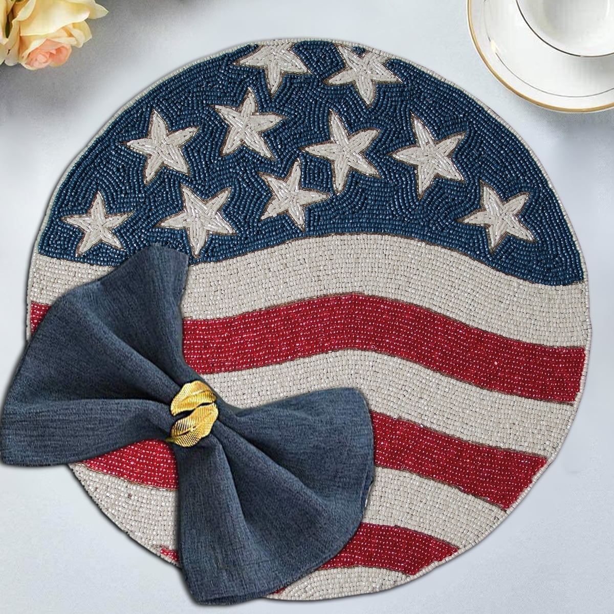 American Flag Beaded Placemats Set of 8 - 4th of July Patriotic Freedom Stars Independence and Memorial Day Heat Stain Resistant Table Place Mats for Kitchen Dining Table Home Decor - 14 Inches