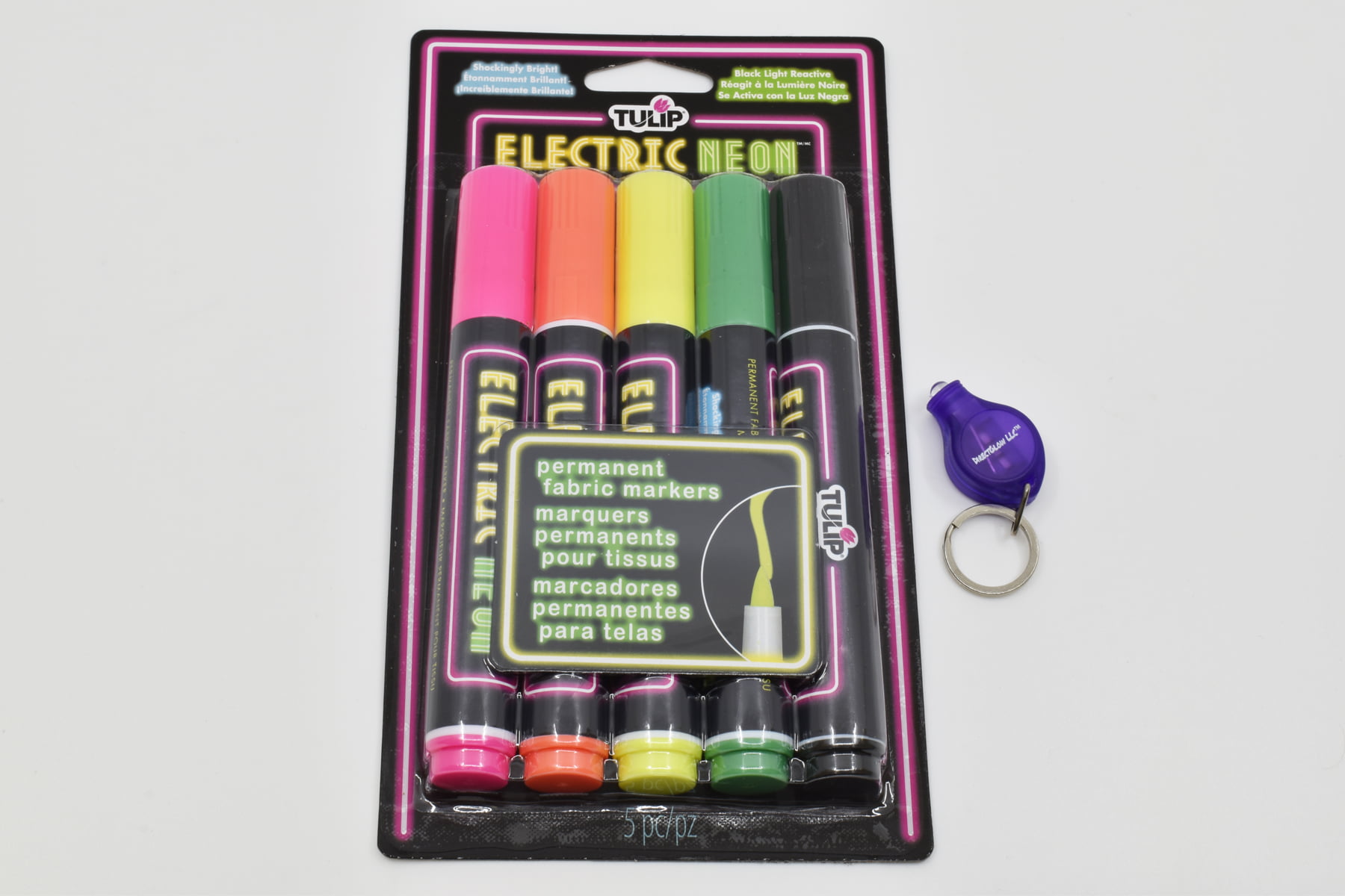 Blacklight Reactive Electric Neon Permanent Fabric Markers 5 Pack with  DirectGlow Keychain Flashlight