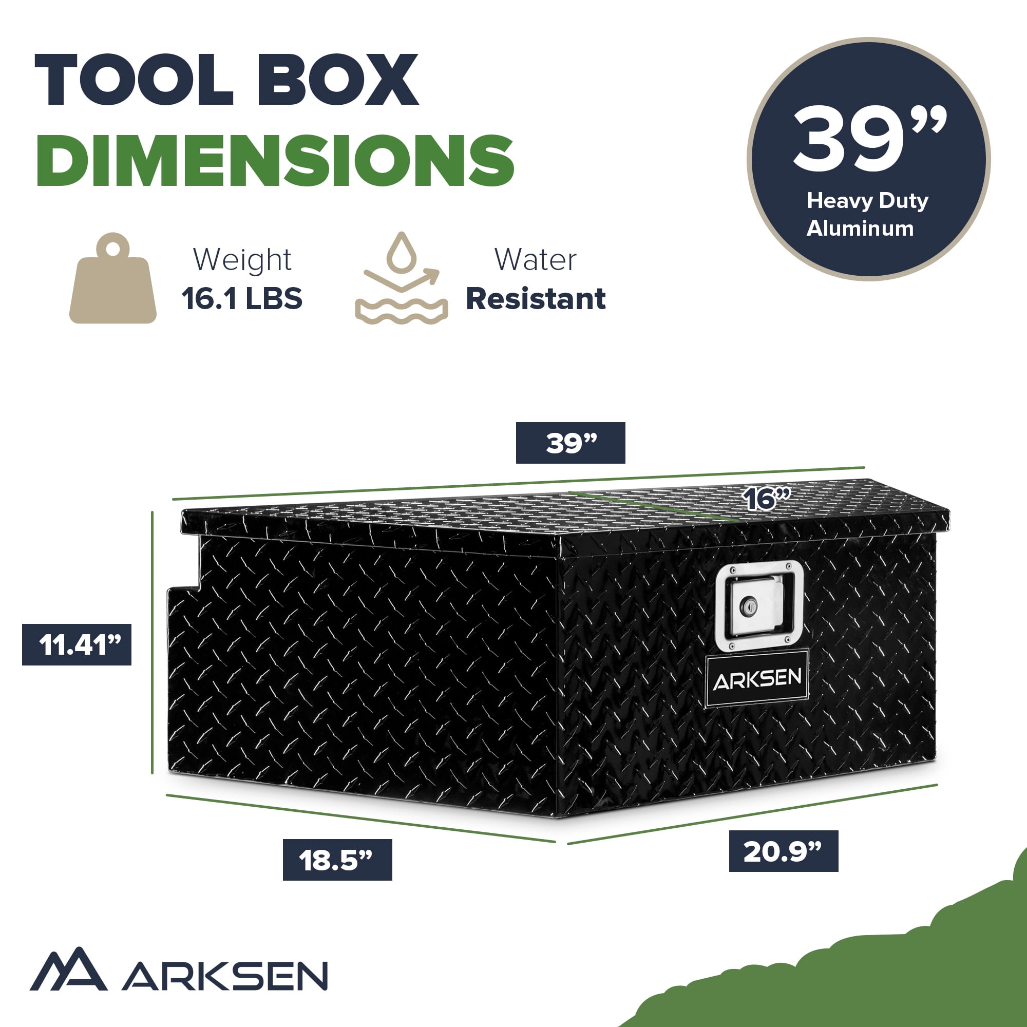 ARKSEN 39" Diamond Plate Aluminum Trailer Tongue Box Pickup Truck Tool Box Storage Organizer With Lock Key, Black