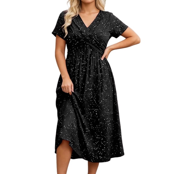 DHFJKG Glitter Long Dress Women Short Sleeve V Neck Sparkly Going Out Date Dress Carnival Soft Versatile Dresses