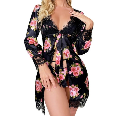 

Felwors Women s Lingerie Pajamas Floral Lace Imitation Silk See Through Nightgown S Black