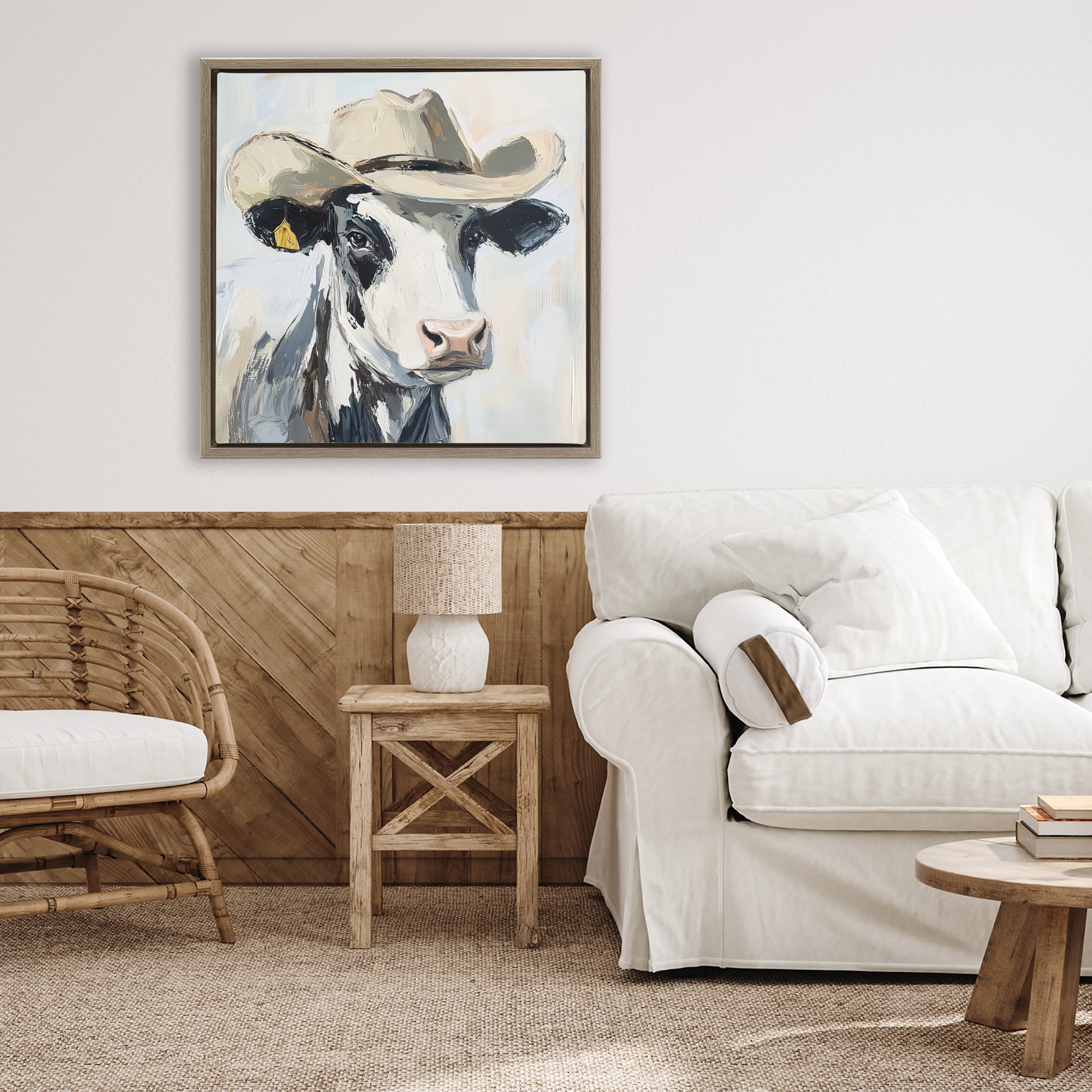 Stupell Industries Cowboy Carl Cow Brown Framed Floater Canvas Wall Art, design by Tina LeCour