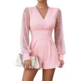 thumbnail image 2 of Tawop Womens Dress Jumpsuits Women's V-Neck Fitted Waist Long-Sleeved Mesh Patchwork Straight-Leg Shorts Jumpsuit, 2 of 8