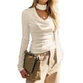thumbnail image 2 of Blusa Informal de Larga con Cuello Vuelto y Fruncido para Mujer con Bufanda Beige L, 2 of 10