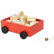 Amish-Made Wooden Building Block Toddler Pull-String Wagon Toy (Red)