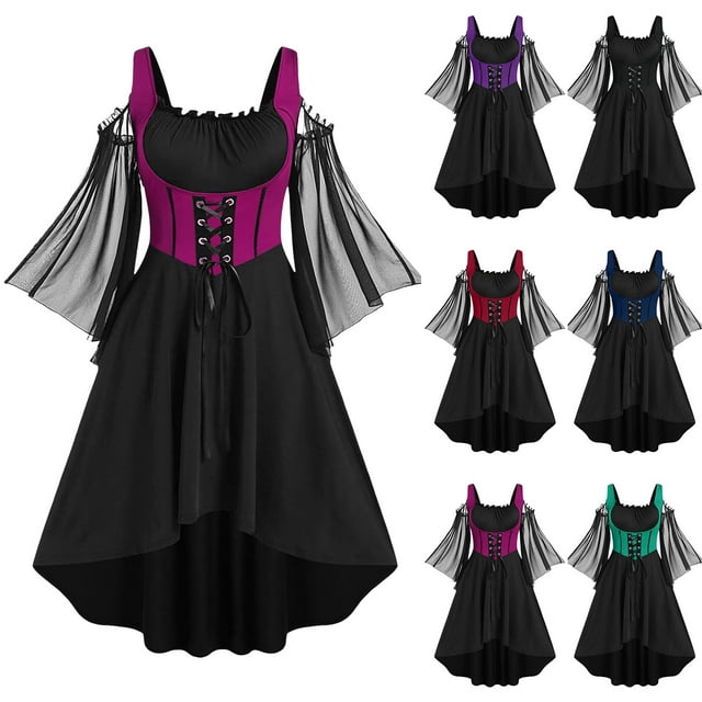 Meichang Robes Gothiques pour Femmes Halloween Sorcière Costume Médiéval Renaissance Corset à Épaules Dénudées Robe de Cocktail
