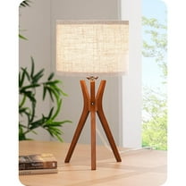 Mid Century Table Lamp, 17.5" Tripod Bedside Lamp with Deep Wood Color Light Base & Beige Linen Lampshade, Nightstand Lamp for Bedroom, Living Room, Reading Room, E26 Base