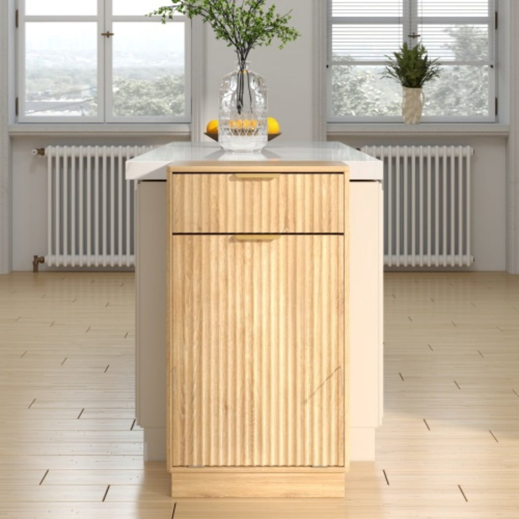 10 Gallon Tilt-Out Trash Can Cabinet, Woodgrain Garbage Recycling Cabinet with Wave-Textured Drawer & Pull-Out Bin, Oak Kitchen Organizer, Oak