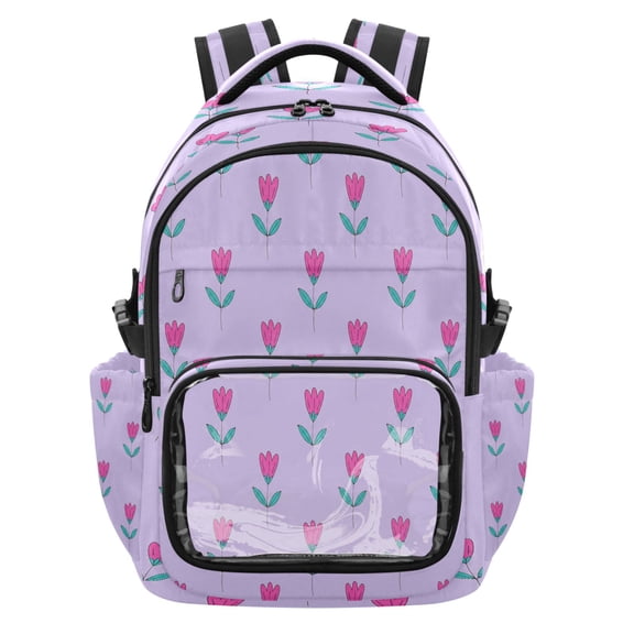 Qxltty Delicate Purple Bouquet Backpack School Bookbag with Clear PVC Front Pocket, Laptop Compartment, Water Resistant Travel Daypack for Students