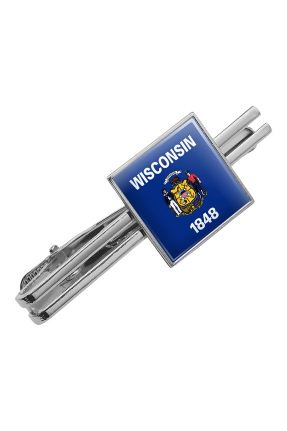 Wisconsin State Flag Square Tie Bar Clip Clasp Tack- Silver or Gold