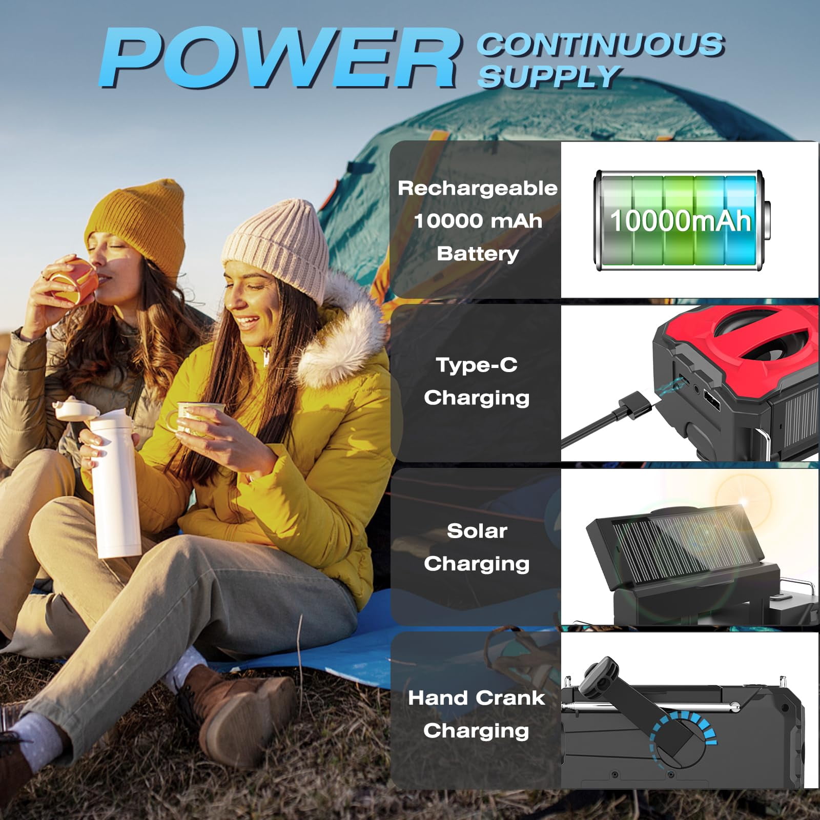 10000mah Emergency Radio  Noaa Weather With Am/fm 37000mwh Rechargeable Phone Power Usb/solar/hand Crank Charging Led Flashlight Sos Alarm Reading Lamp For Indoor/outdoor Emergencies