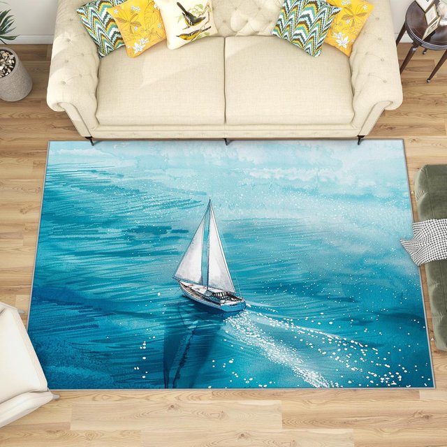 4x6 Rug, Nautical Rug Washable Non Slip Soft for Living Room Bedroom, Sailing Sailboat Area Rug, Sea Ocean Marine Carpet, Nautical Home Decor & Gifts