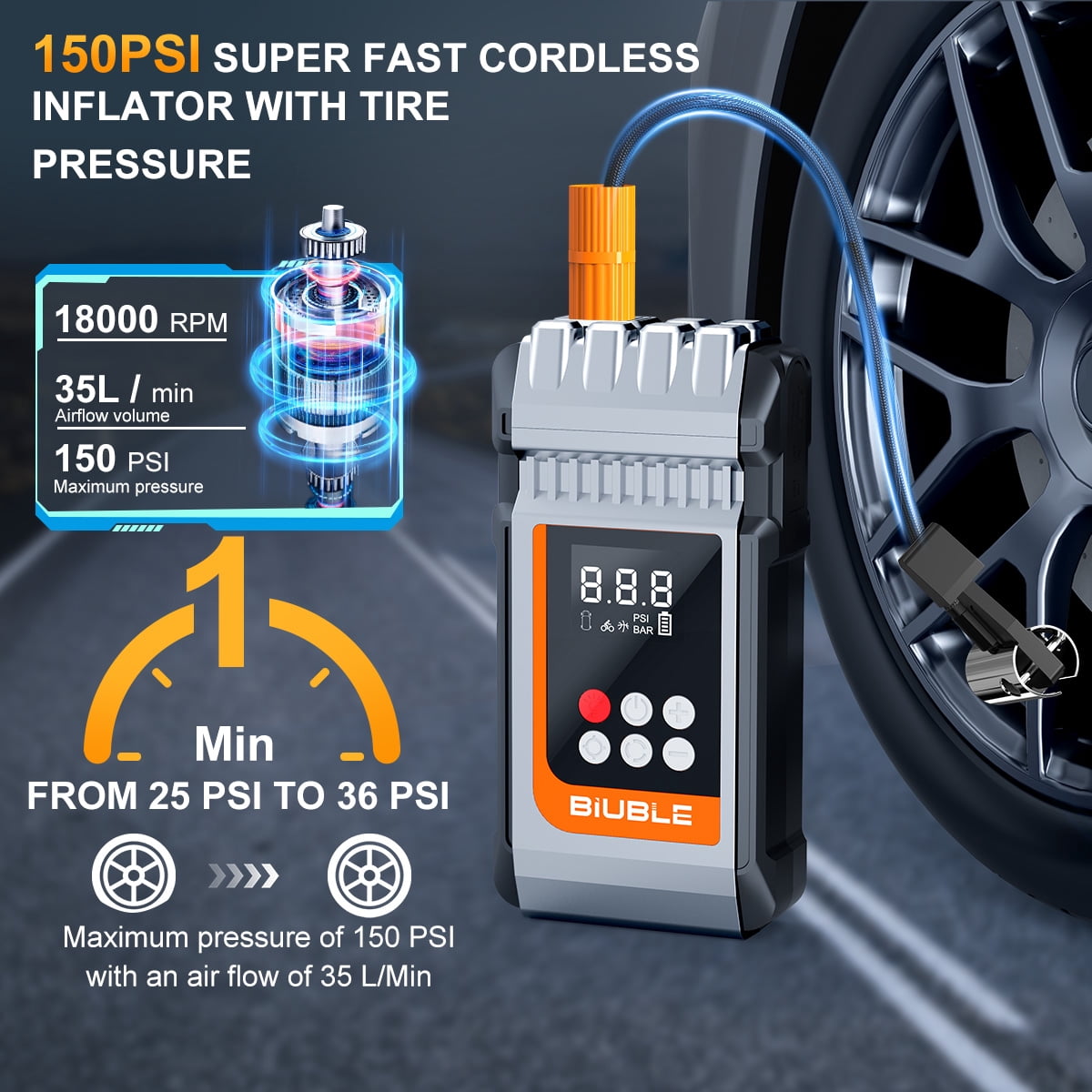 BIUBLE Portable Car Jump Starter with Air Compressor, 8000A Peak 12V Jump Box Car Battery Jumper Starter(All Gas/10.0L Diesel), 150PSI Digital Tire Inflator, LED Emergency, USB Cable, Emergency