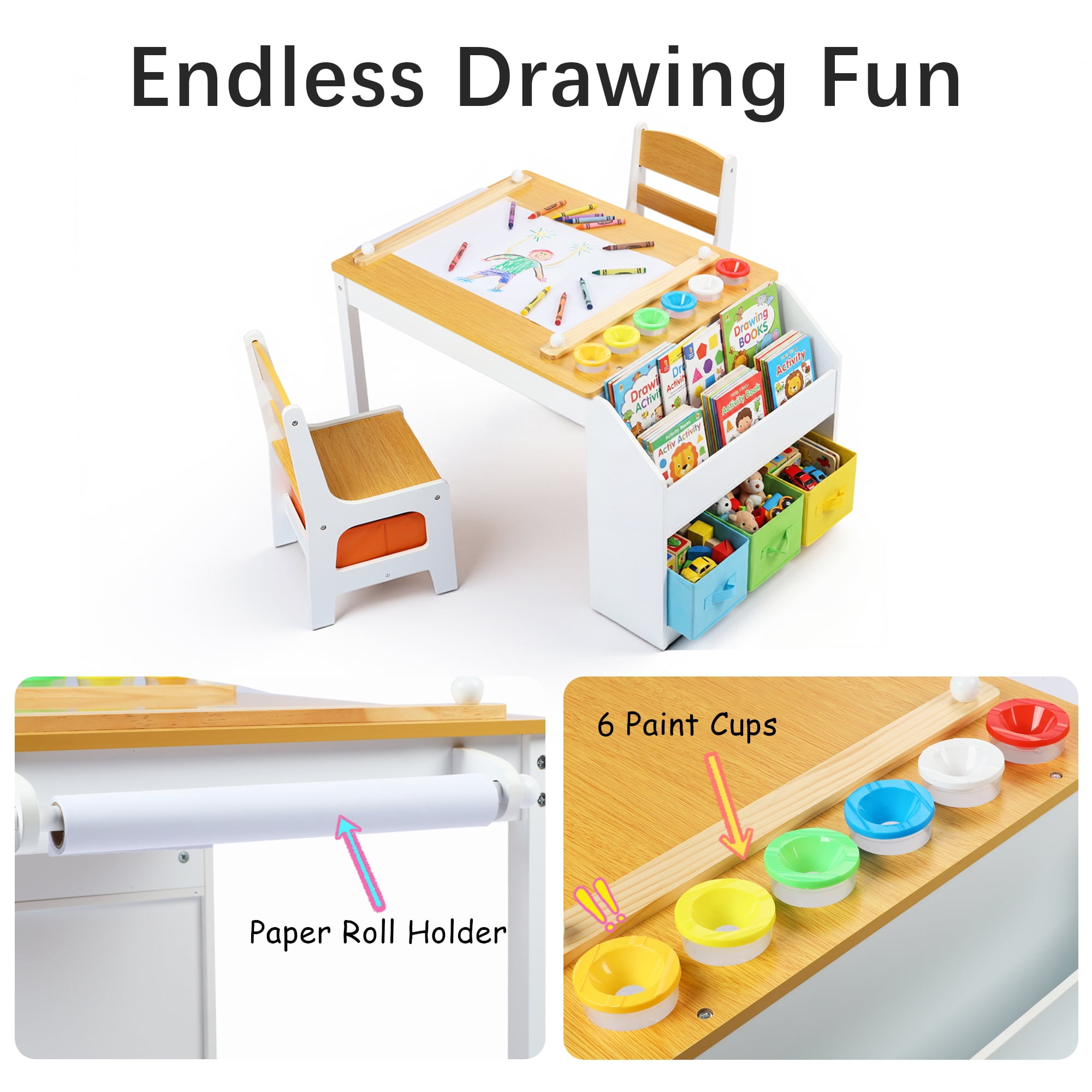 AILEEKISS Kids Table and Chair Set,Children Play Activity Desk for Drawing with 3 Drawers, Natural