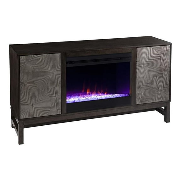Pemberly Row Color Changing Fireplace with Media Storage in Brown/Antique Silver