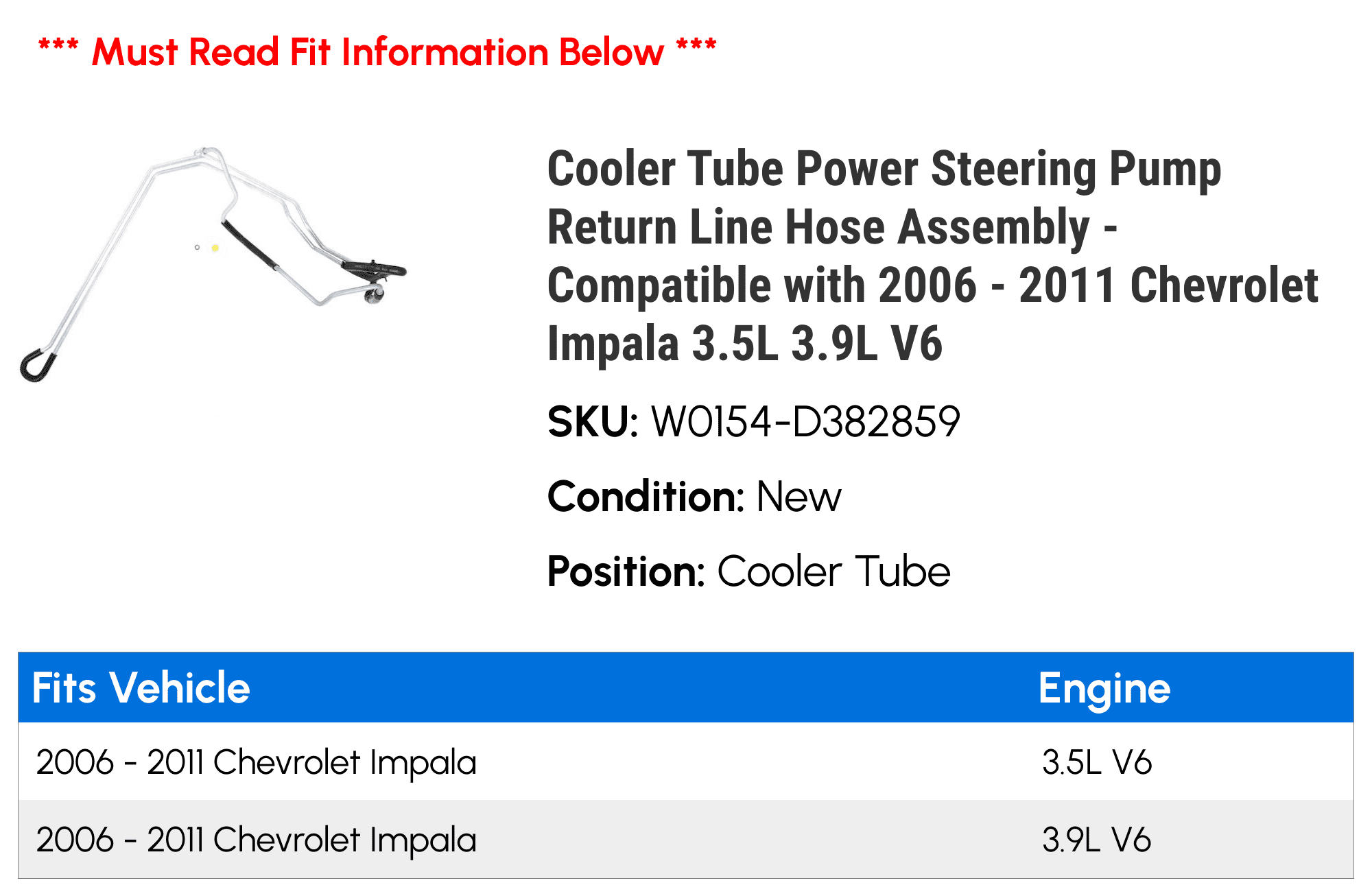 Cooler Tube Power Steering Pump Return Line Hose Assembly - Compatible with 2006 - 2011 Chevy Impala 3.5L 3.9L V6 2007 2008 2009 2010