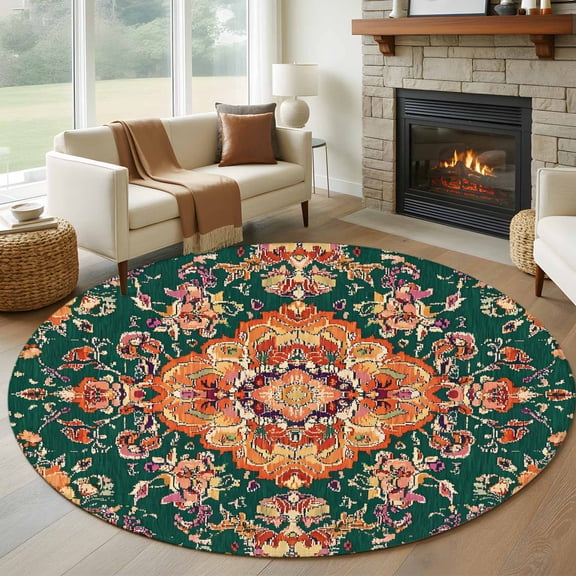 Round Rugs 5Ft, Bohemian Floral Round Area Rug Washable Indoor Throw Carpet, Abstract Retro Flowers Texture Soft Non Slip Circle Rug for Cabinet Bathroom Home Decor Aesthetic