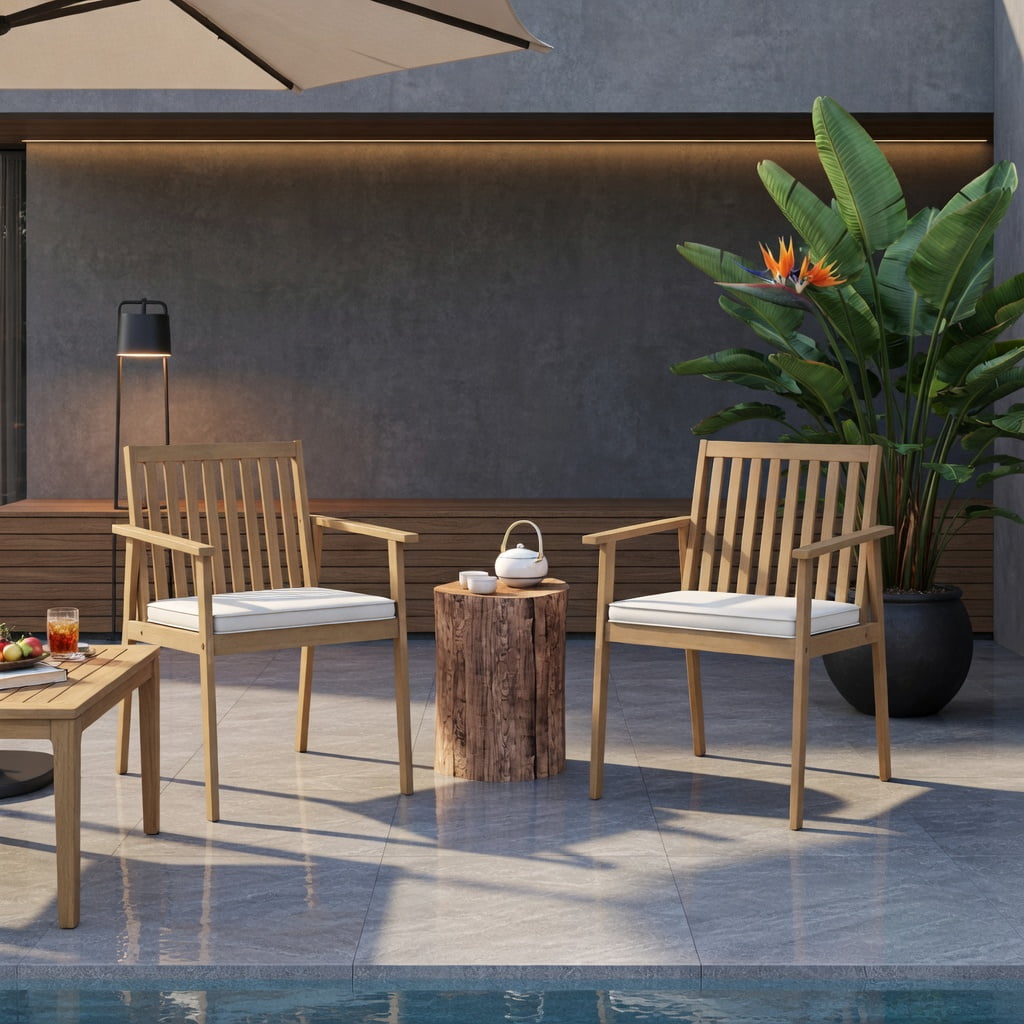 Hommoo 2-Pack Outdoor Dining Chairs, Acacia Wood Patio Chairs with Removable Zippered Cushions, Ideal for Backyard, Porch & Deck, White