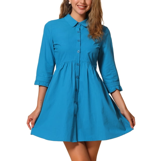VESTIDO DE CAMISA CHIC PARA MUJER INSPIRE CON MANGAS 3/4 Y BOTONES, VESTIDOS MINI AZUL LAGO L