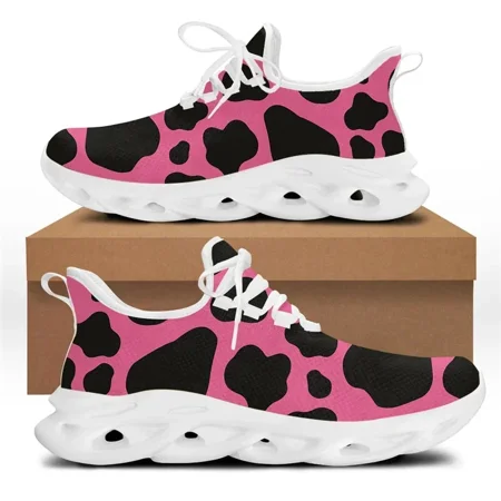 

Cute Black And Pink Cow Print Women Fashion Lace-up Sneaker 2024 Brand Designer Flex Control Non-slip Vulcanized Shoe