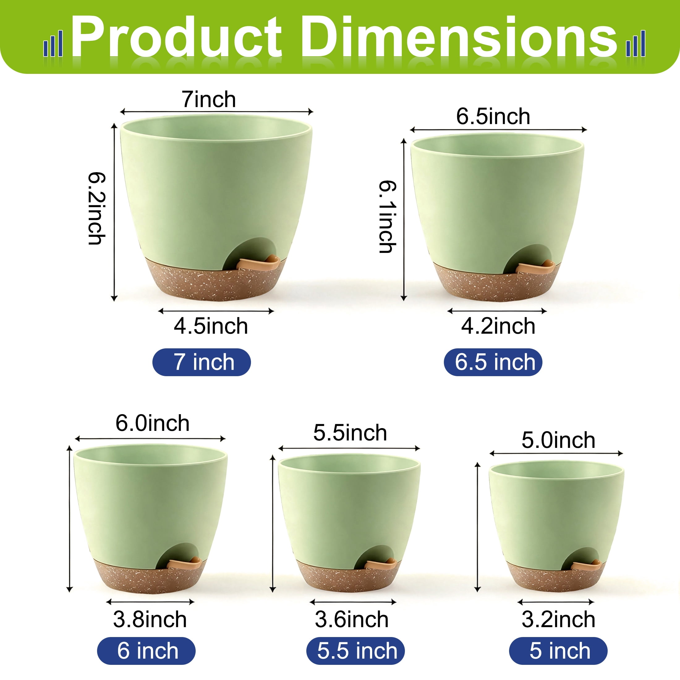 Self Watering Plant Pots Set of 5, 7/6.5/6/5.5/5 Inch Flower Plant Pots, Plastic Flower Pots with Drainage Holes and Saucers, Nursery Planting Pot for Indoor Outdoor Plants