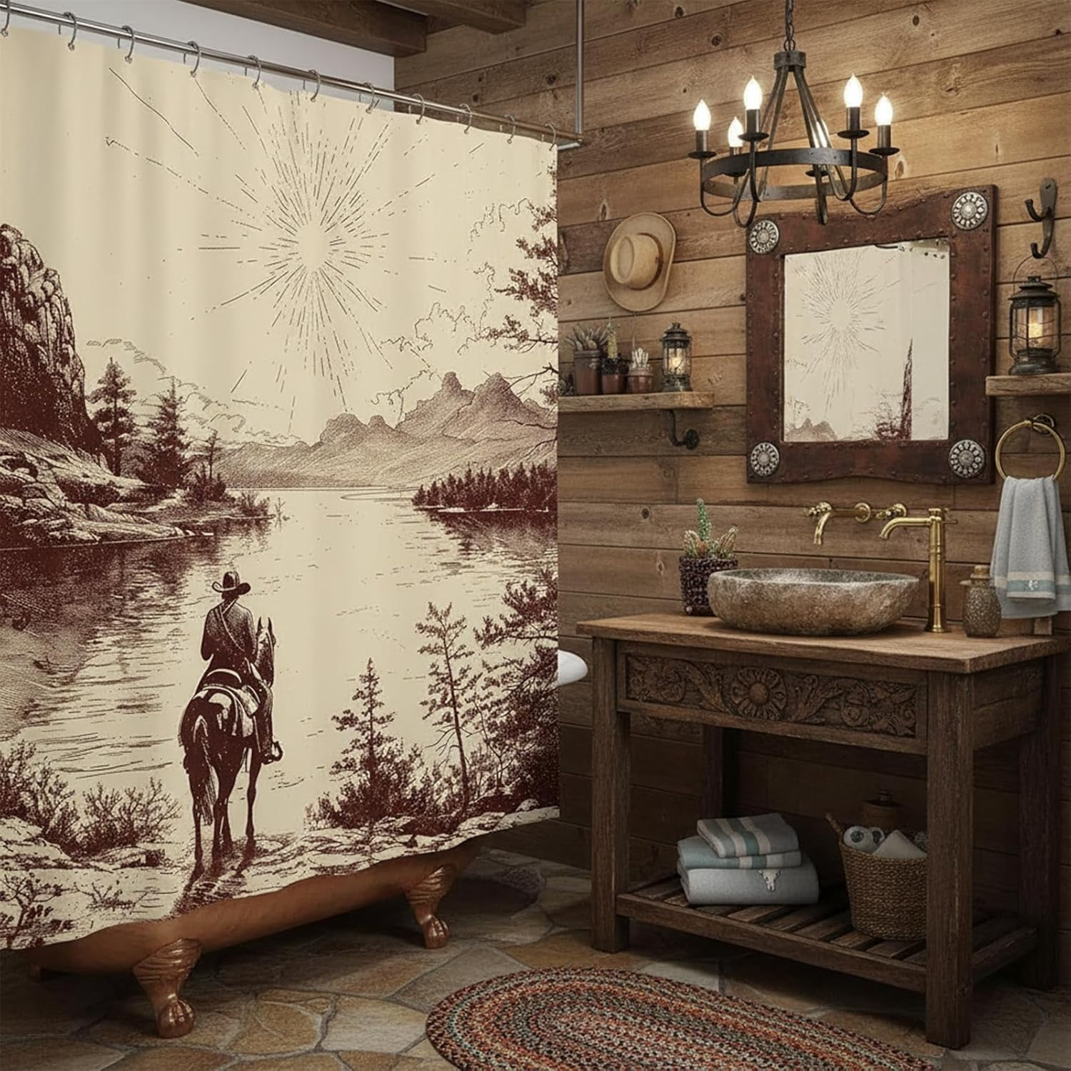 Western Cowboy Shower Curtain, Retro Country American Wild West Cowboy Riding Horse by The River Hand Drawn Fabric Shower Curtain for Bathroom Home Decor,47X64