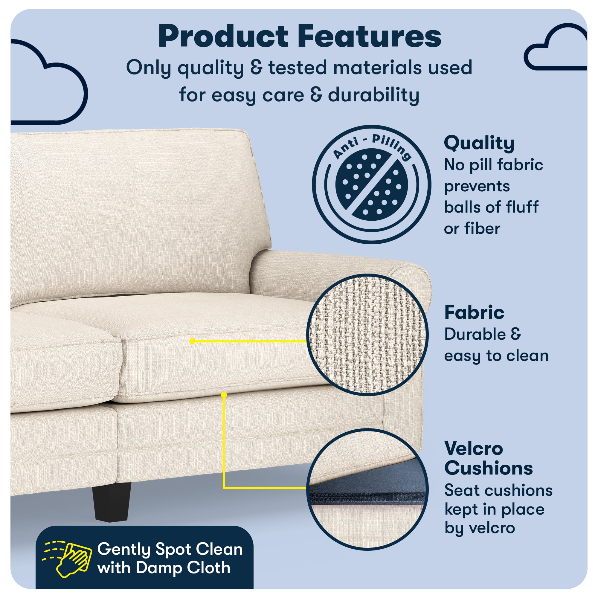 Serta Copenhagen 78" Rolled Arm Sofa, Easy Care Polyester, Loveseat or Couch for Small Spaces, Buckwheat Beige