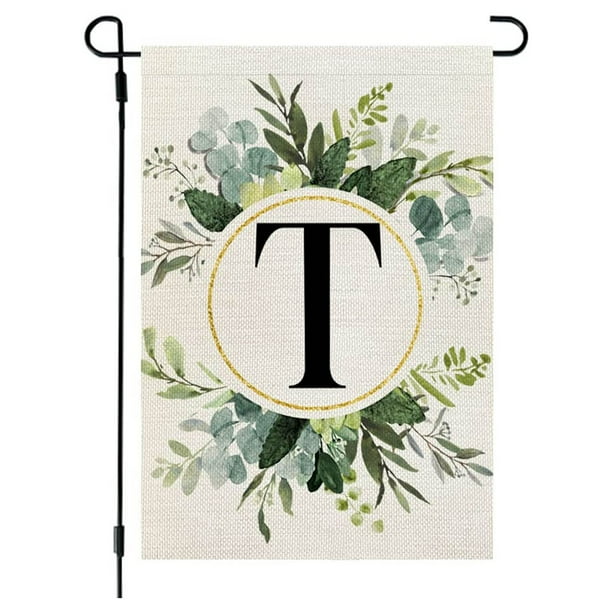Bandera de lino para jardín, estilo Ins, con estampado de 26 letras y plantas verdes, con la primera letra del apellido, ideal para colgar en la puerta del patio.