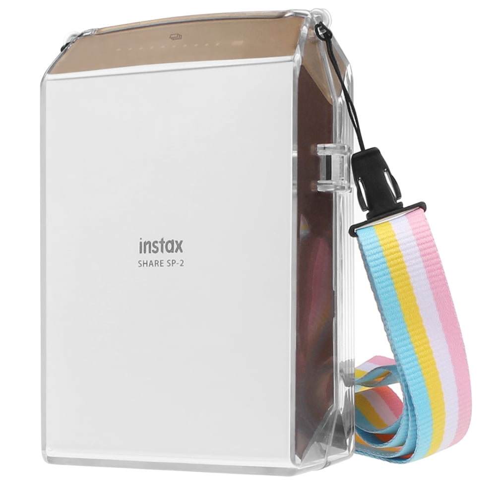 For Fujifilm Instax SHARE SP-2 Smart Phone Printer Protective Clear Case  PVC Cover w/ Rainbow Shoulder Strap, Clear