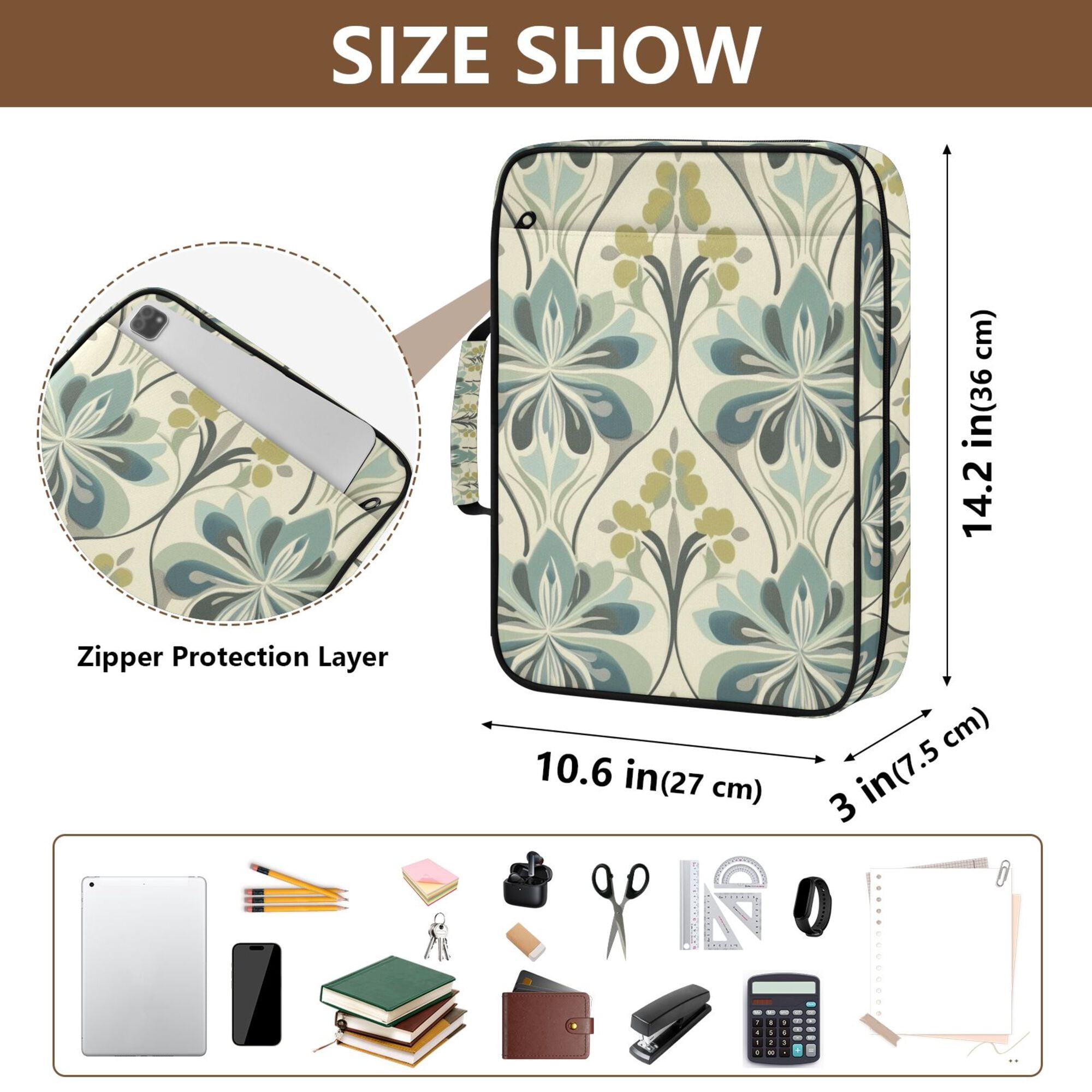 FORMRS Accordion File Folder A4 Size 7-Pocket Expanding Document Organizer Bag with 3 Ring Binder, Beige Floral Pattern