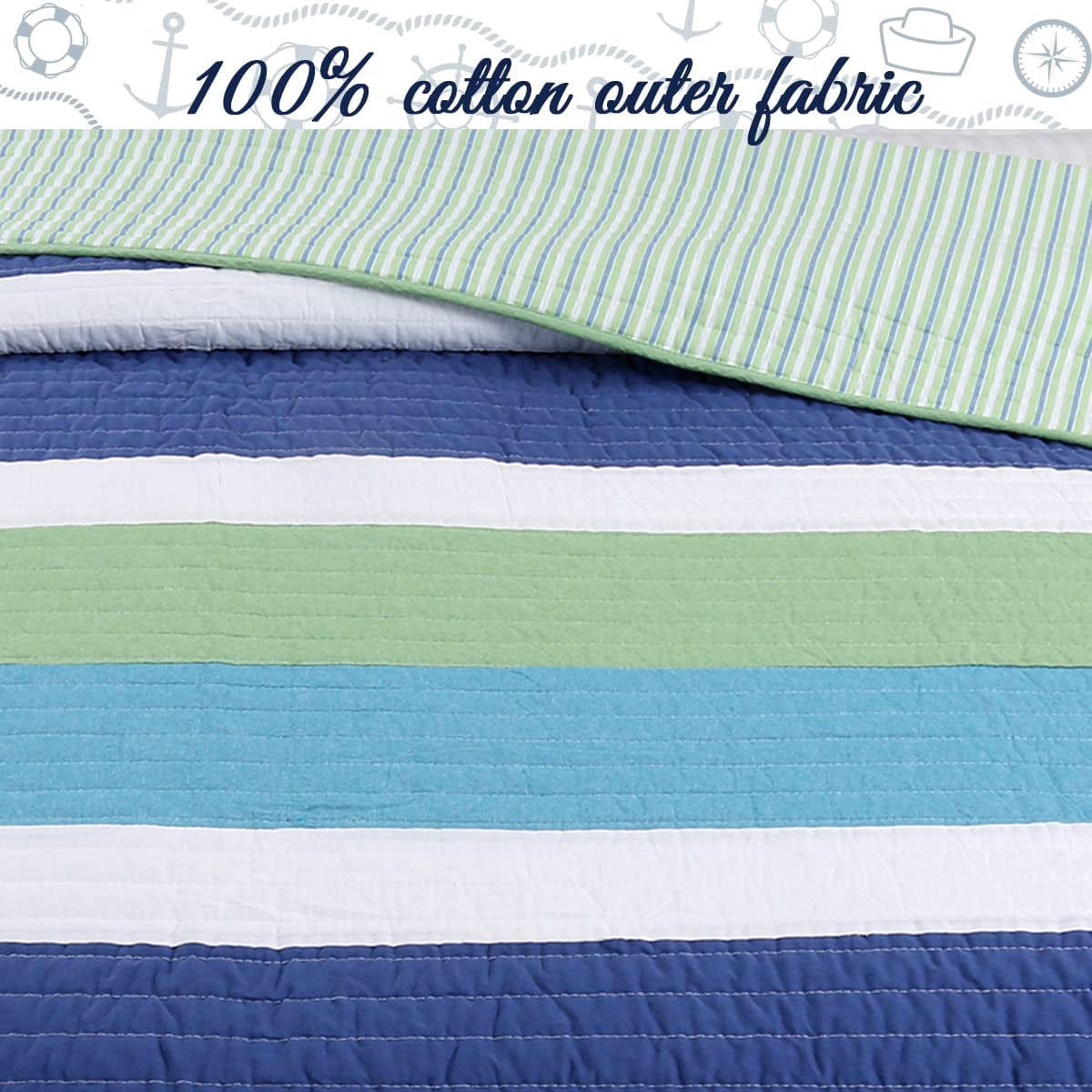 Cozy Line Home Fashions Cotton Blue Green Stripped Quilt Bedding Set, Queen 3-Pieces
