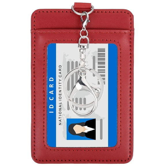 4.7 x 3.2 x 0.2" Leather Badge Holder with Clear ID Window, Front Pocket Vertical Credit Card Holder & Swivel Metal Clasp Keyring for Employees, Staff, College, Red
