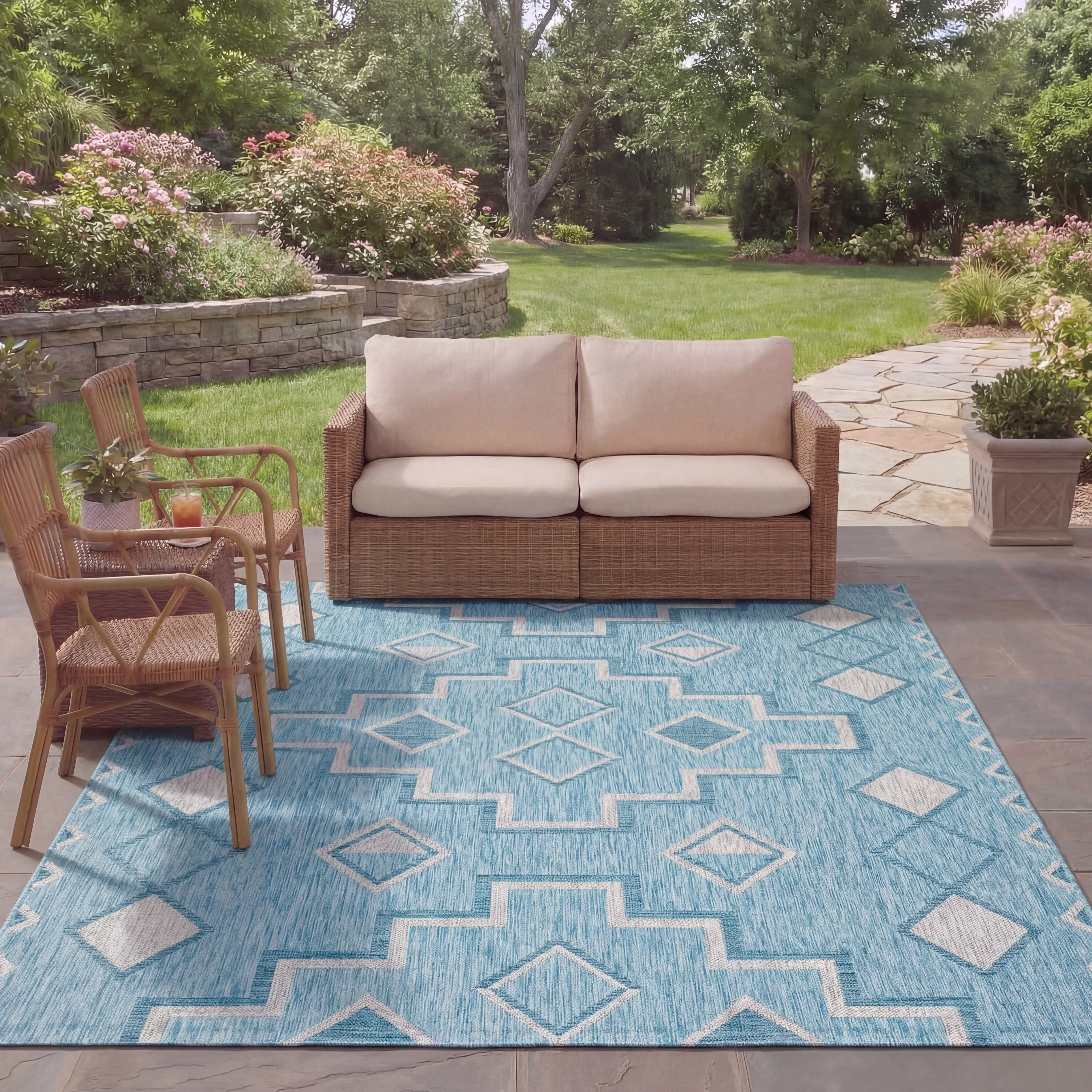 SAFAVIEH Courtyard Floella Geometric Indoor/Outdoor Area Rug, 8' x 11', Aqua/Grey