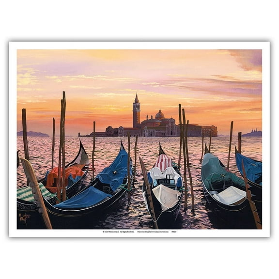San Marco Sunset - Venice Italy - Venetian Gondola Boats - From an Original Color Painting by Scott Westmoreland - Master Art Print (Unframed) 9in x 12in
