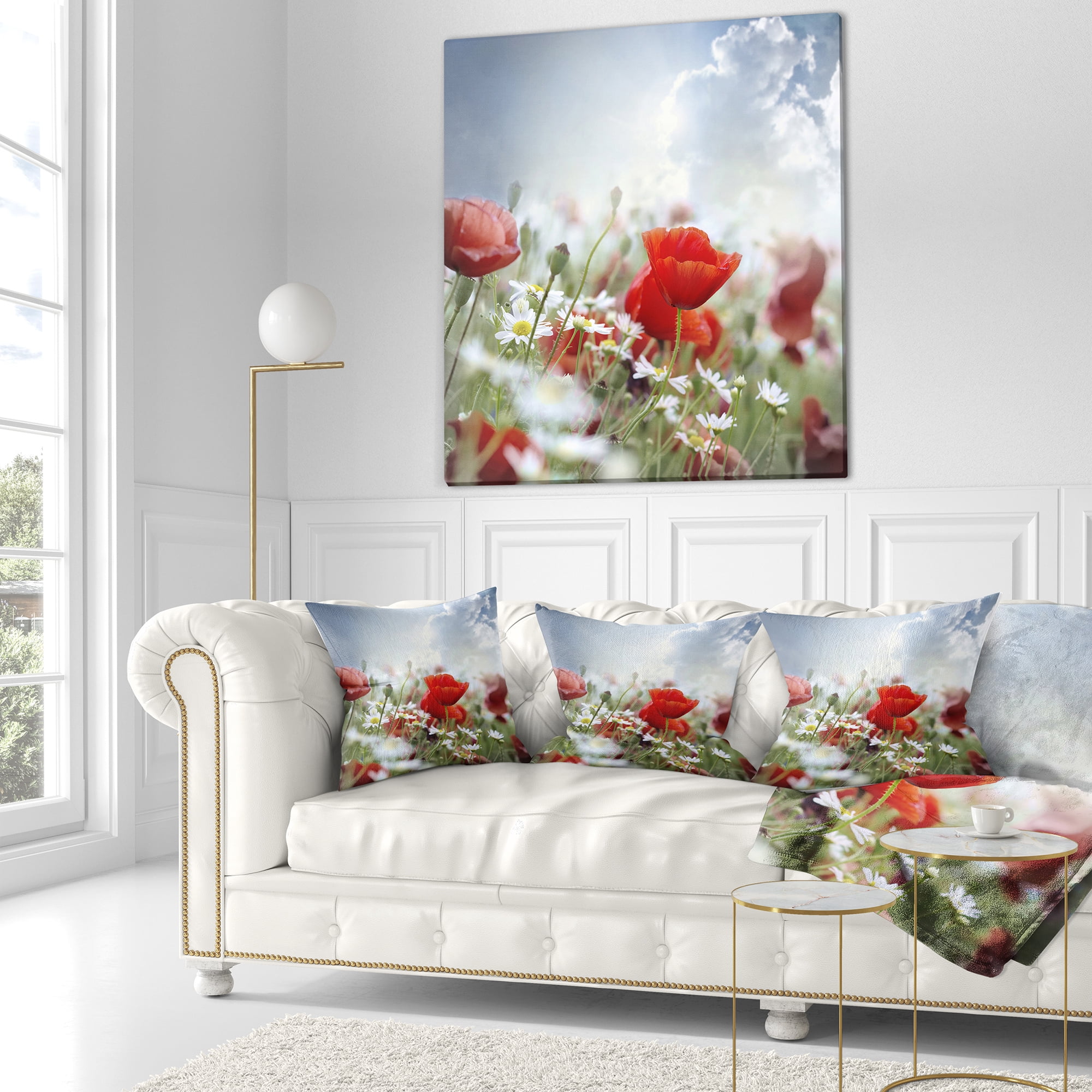 Designart Red Poppies on Cloudy Background - Floral Throw Pillow - 16x16