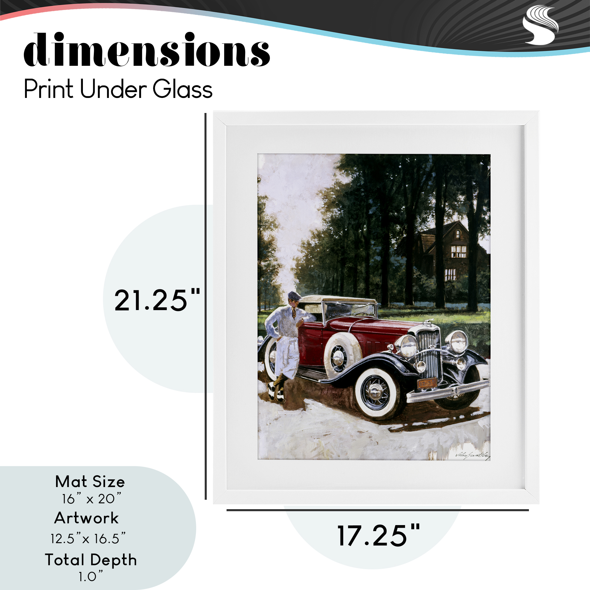Retro Convertible Coupe & Driver White Framed Print Under Glass, design by Wind River Studios