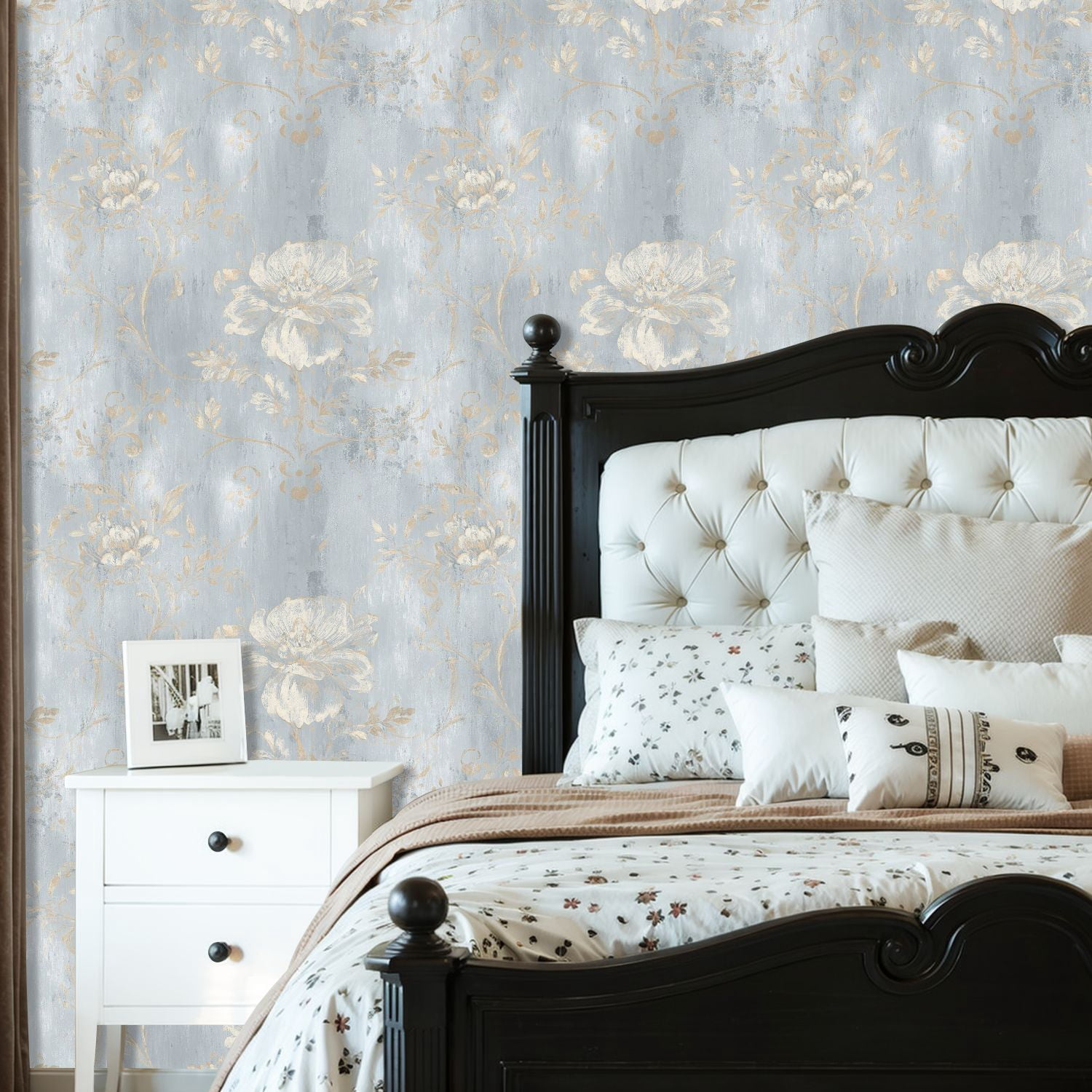 Vintage Peel and Stick Wallpaper 23.6in x 9.8ft Soft Blue Gold Floral Texture Contact Paper Vinyl Waterproof Self Adhesive Wall Paper for Bedroom Shelf Cabinet Renter Friendly