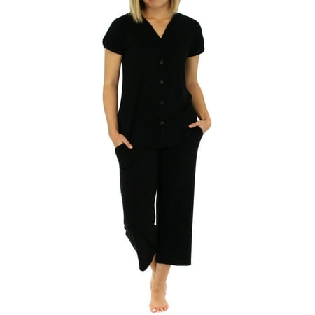 - PajamaMania Women's Lightweight Short Sleeve Button Up Capri Pajama PJ Set